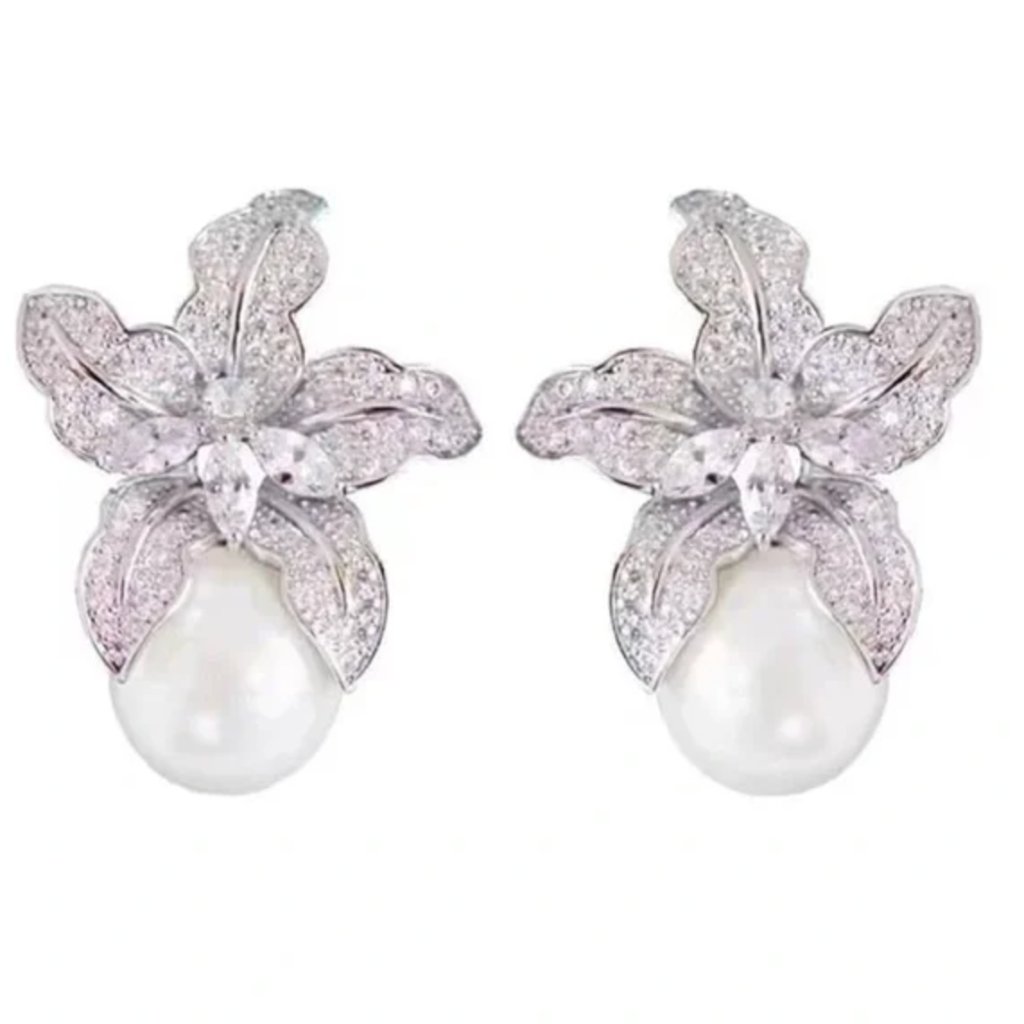 Anthropologie Pave Crystal Flower Pearl Earrings